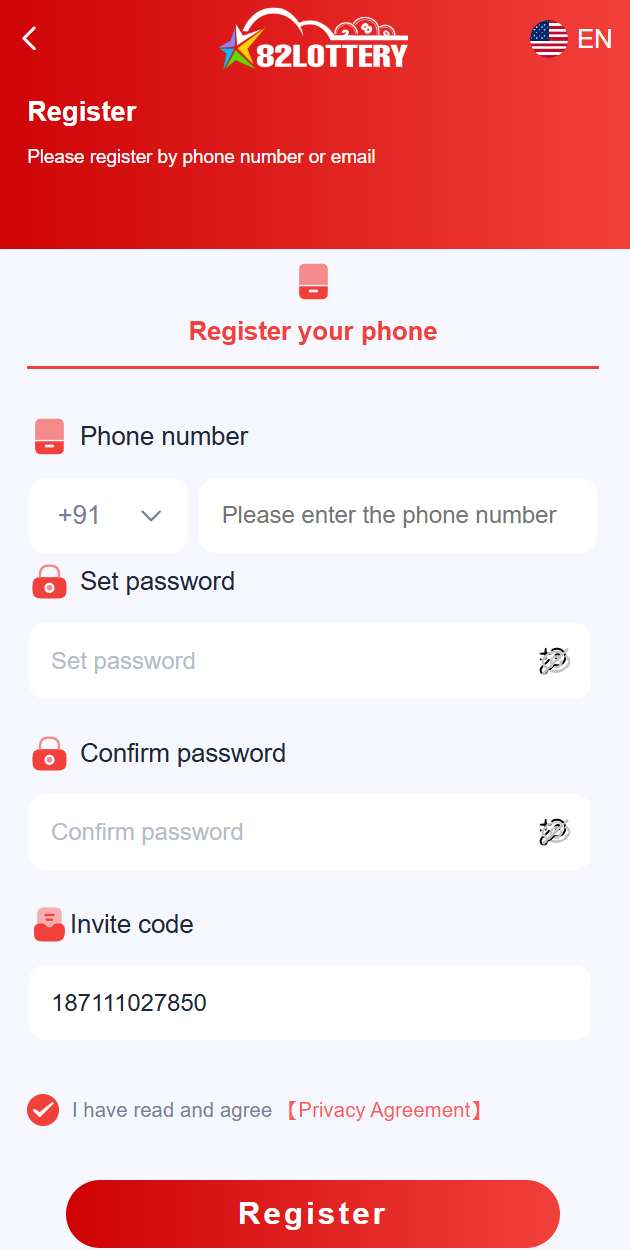 82 Lottery registration page screenshot and sign up interface
