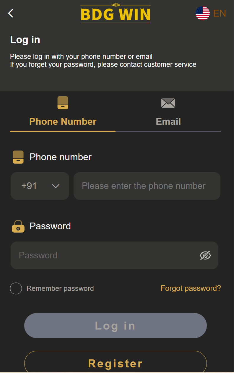 BDG Win login form screenshot