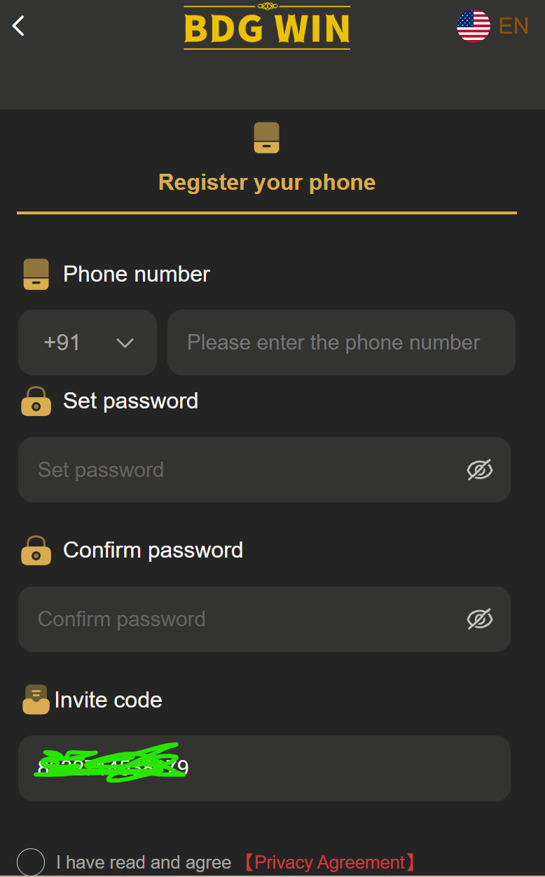 BDG Win registration form screenshot