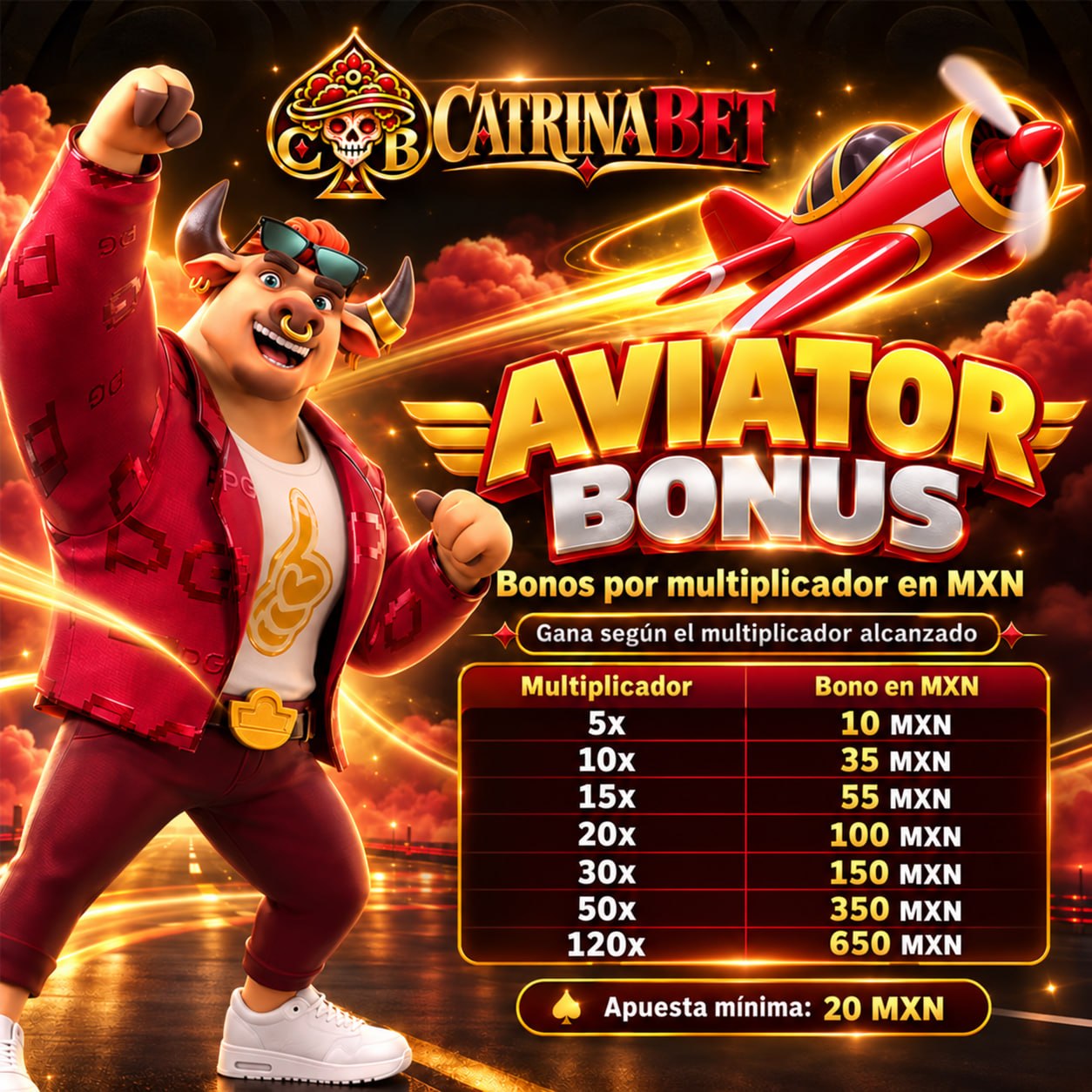 CatrinaBet Aviator Bonus, promoción de multiplicadores y bonos anunciados en pesos mexicanos