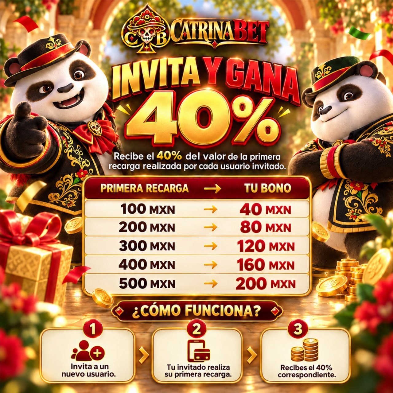 Anuncio de CatrinaBet con promoción de invitación del 40 por ciento y ejemplos en pesos mexicanos