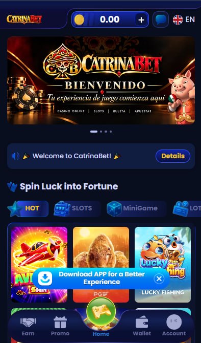 Captura de la página de inicio móvil de CatrinaBet con menú de juegos y aviso Download App