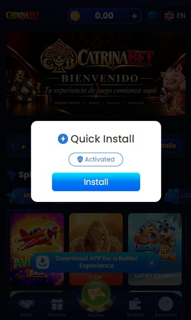 CatrinaBet ventana Quick Install con botón Install