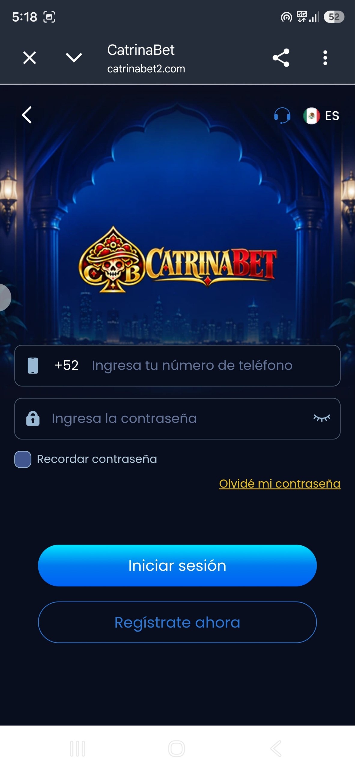 CatrinaBet pantalla de inicio de sesión con teléfono +52, contraseña y recuperación de acceso