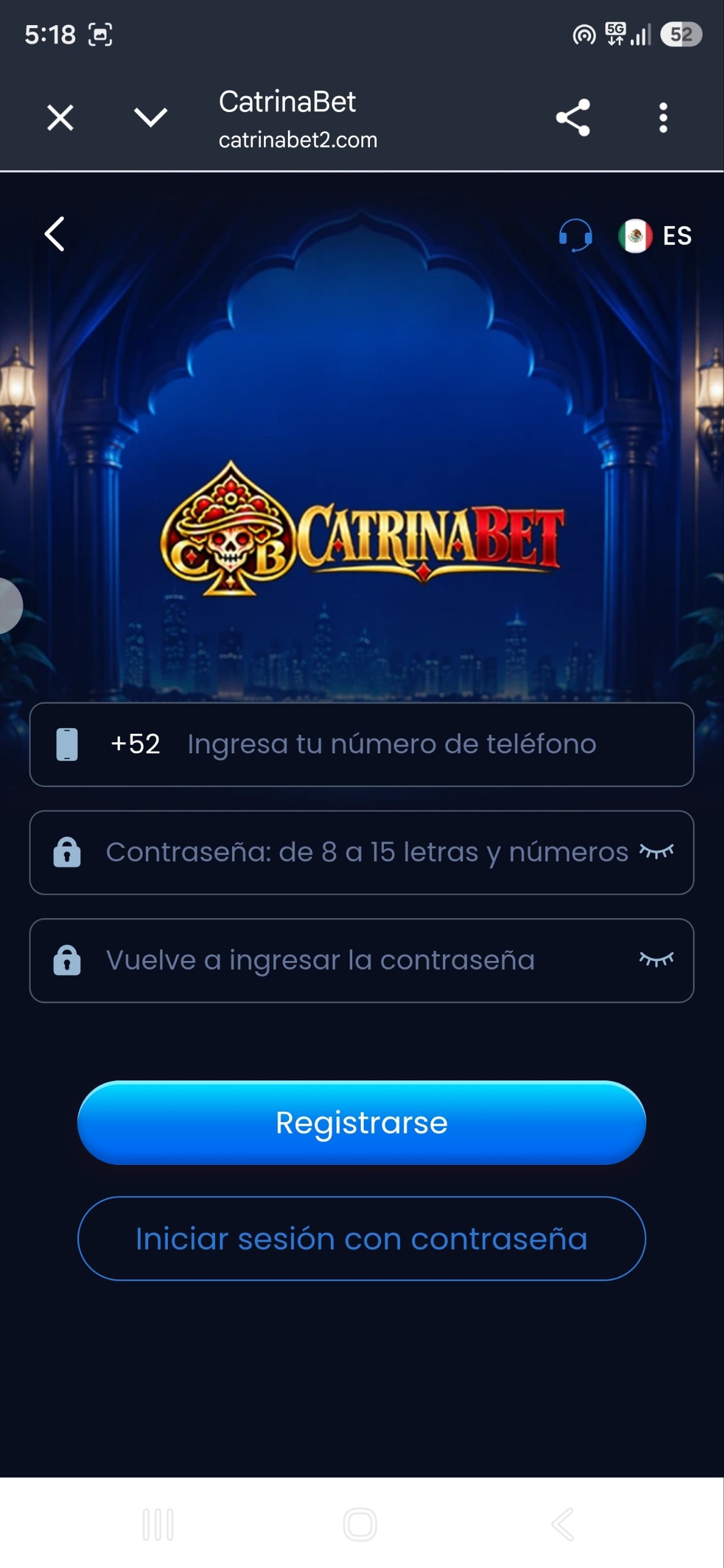 Pantalla de registro CatrinaBet con teléfono mexicano +52, contraseña y botón Registrarse