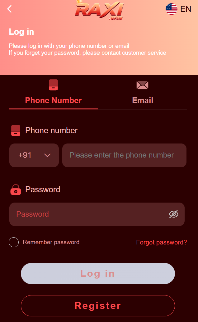 Raxi Win login page screenshot for account access