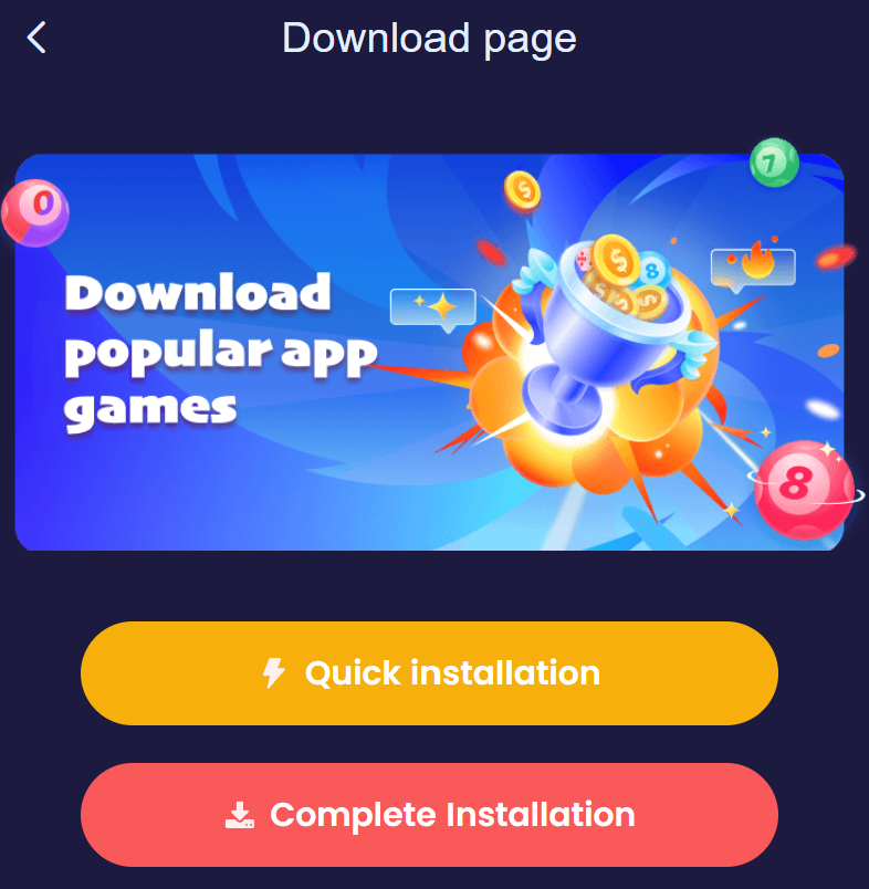 Shree Win app download screen showing Quick Installation and Complete Installation buttons