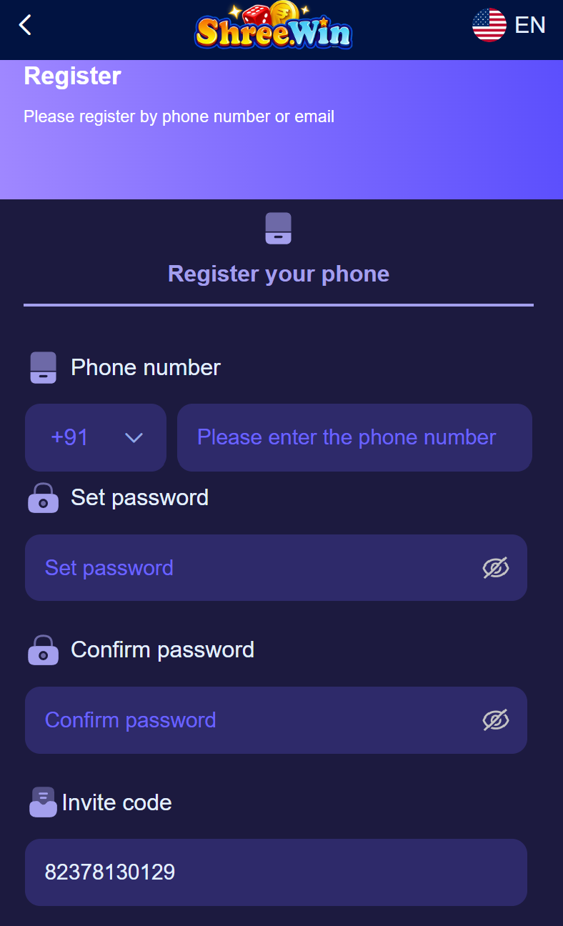 Shree Win registration page showing phone number, set password, confirm password and invitation code fields