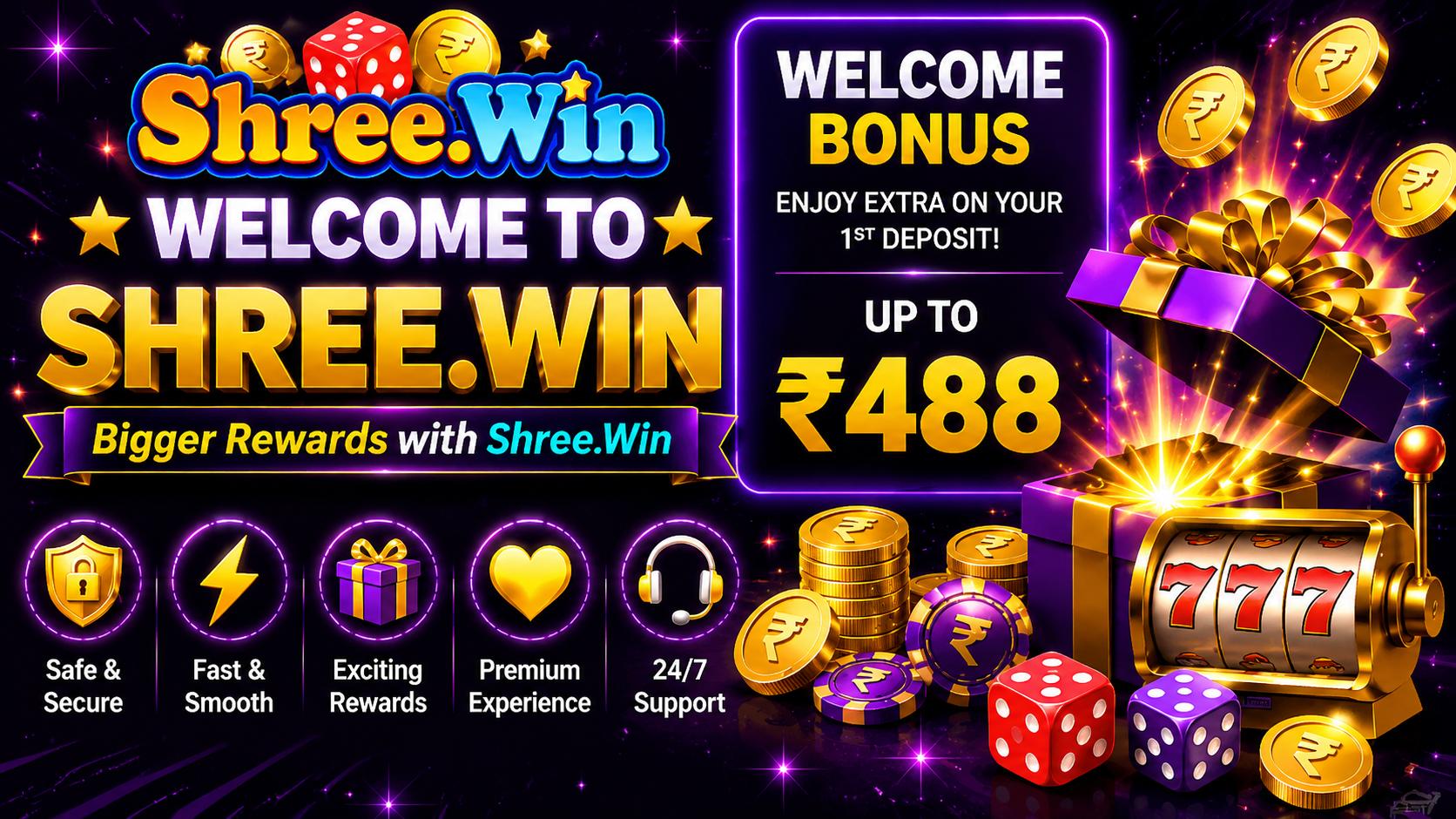 Shree Win welcome bonus promotion advertising up to 488 rupees on the first deposit